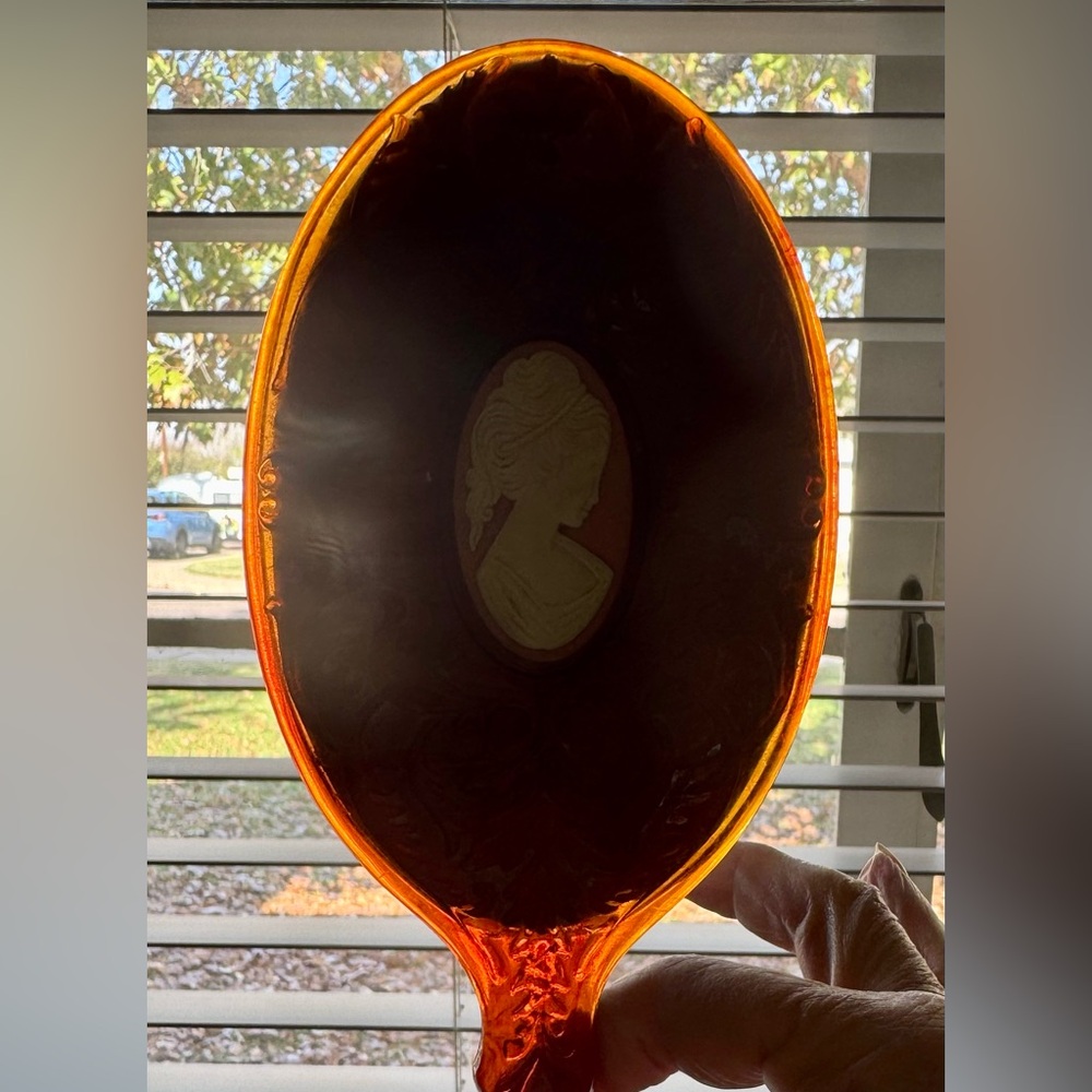 Vtg AVON Amber Vanity Celluloid Hand Mirror Cameo Raised Foliage Relief 9.5”